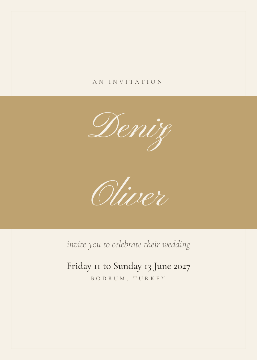 A save the date in the Ribbon layout with flowing script names.